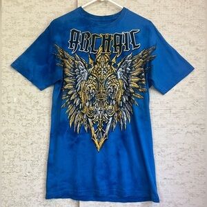 Affliction Archaic Blue Graphic T-Shirt Sz L Front and Back Graphics Excellent